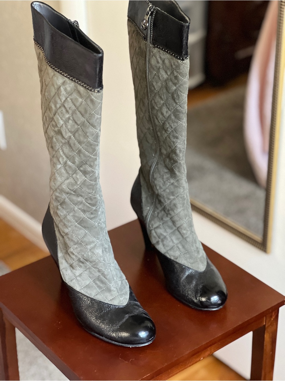 Taryn Rose Quilted Gray Suede and Black Leather Over-the-Knee Boots